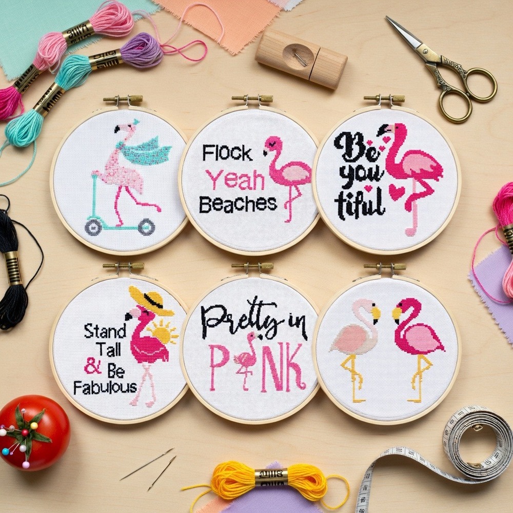 Pink Flamingo at the Beach Quotes SIX‎ pattern BUNDLE Cross Stitch Patterns